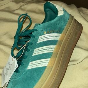 adidas Gazelle Suede Sneakers Teal with White Stripes and Gum Sole